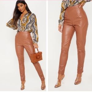 Tan Faux Leather Embossed Snake Skinny Pants PLT 6